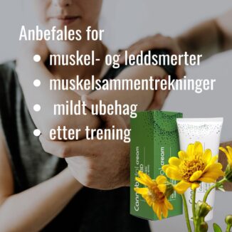Person får massasje i skuldre og arm, med muskelkrem og blomster i forgrunnen — illustrasjon for pleie ved muskel- og leddubehag.