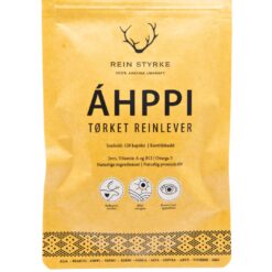 Pakke med ÁHPPI tørket reinlever (120 kapsler) fra Rein Styrke — forside med logo og produktnavn.