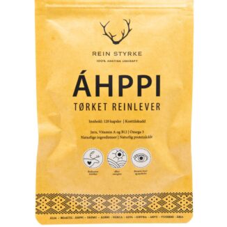 Pakke med ÁHPPI tørket reinlever (120 kapsler) fra Rein Styrke — forside med logo og produktnavn.