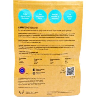 Bakside av ÁHPPI tørket reinlever-pose med næringsinformasjon, anbefalt dagsdose og opprinnelsesinformasjon (Finnmarksvidda).
