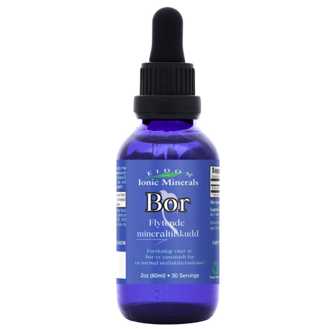 Flaske med Eidon Bor flytende mineraltilskudd 60 ml med pipette.