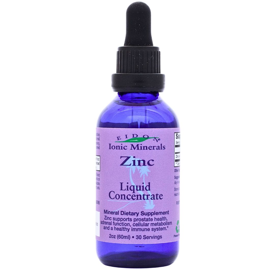 Flaske med Eidon Zinc (sink) flytende konsentrat 60 ml med pipette, hvit bakgrunn.