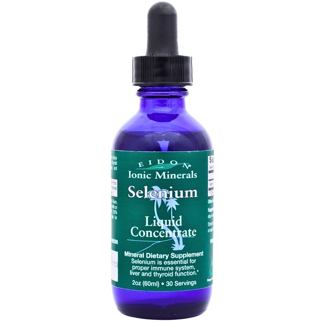 Flaske med Eidon Selen flytende mineraltilskudd (60 ml) og pipette