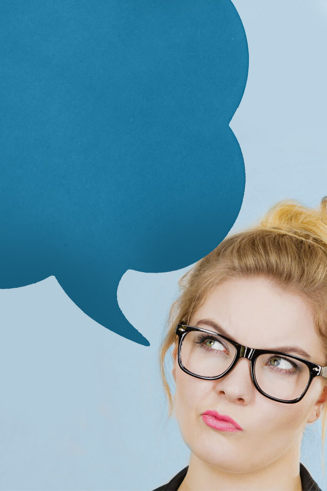 Dame med snakkeboble iIsblå-quiz