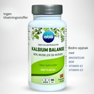 Boks med Sano Kalsium Balanse og tekst “Ingen tilsetningsstoffer” samt “Bedre opptak med magnesium, bor, vitamin K2 og vitamin D3”.