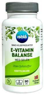 En boks med kosttilskudd fra Isblå E-vitamin Balanse med selen fra Isblå
