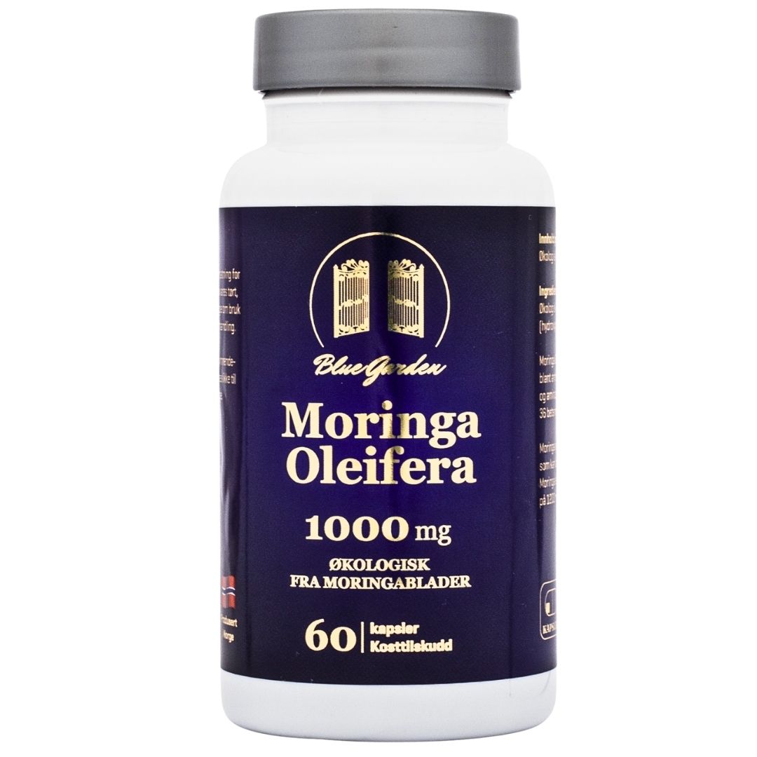 Boks med Blue Garden Moringa Oleifera 1000 mg – 60 økologiske kapsler.