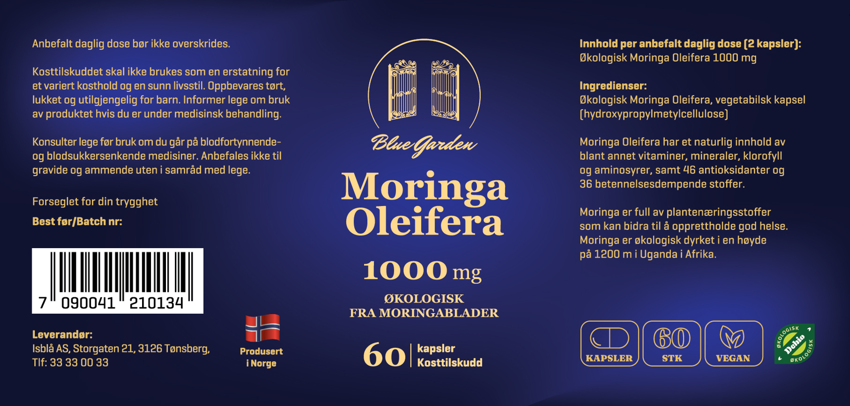 Blue Garden Moringa Oleifera 1000 mg – 60 økologiske kapsler.