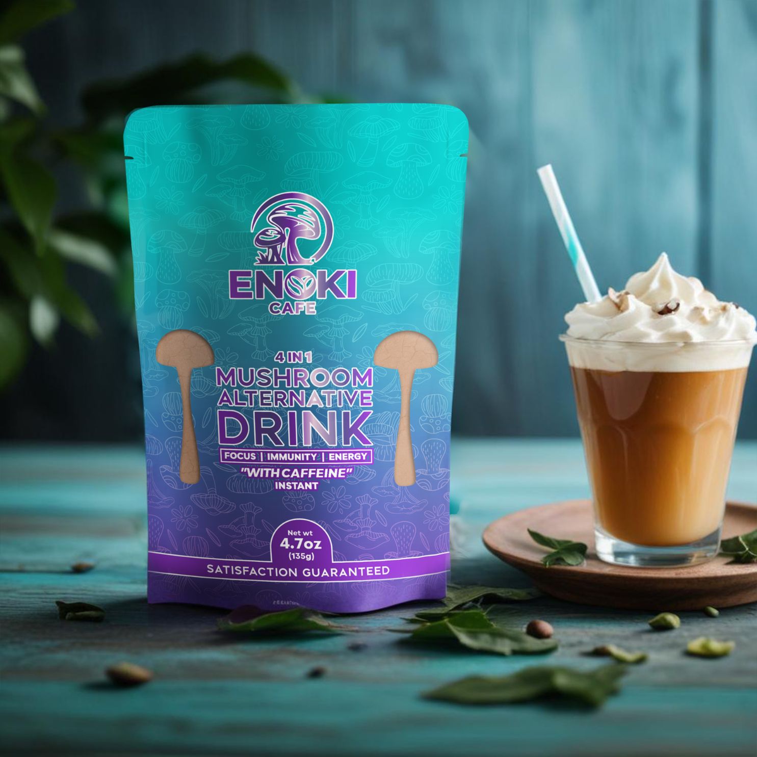 Boks med Enoki Café Turkis 4-i-1 soppkaffe med koffein (135 g) og en kopp kaffe