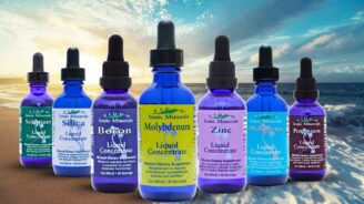 Flasker med Eidon Ionic Minerals flytende mineraltilskudd (molybden, sink, bor, silika, selen, fosfor, kalium) plassert på strand - mineraltilskudd for de som ikke vil ta tabletter