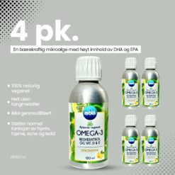 Isblå Flytende Vegansk Omega-3 4 pk sitronsmak — flytende algeolje i praktisk 4 pk. Kampanje 549 NOK (137,25 NOK per boks).