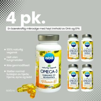 Isblå Vegansk Omega-3 4 pk — vegansk algeolje i kapsler. Kampanje 499 NOK (124,75 NOK per boks, ordinær pris 179 NOK).